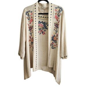 Paparazzi Cardigan Womens Large Linen Blend Embroidered Floral Boho Open